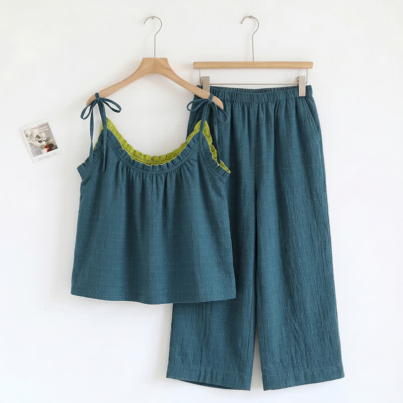 Textured Solid Color Cami & Pants Lounge Set - Blue - XL - image 8