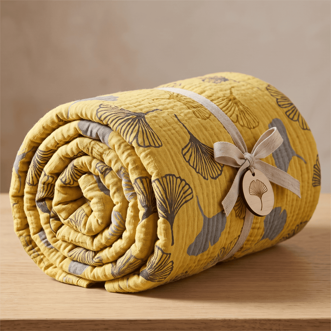 Mustard Ginkgo Quilted Cotton Throw Blanket - Yellow - 91"W x 91"L - image 0