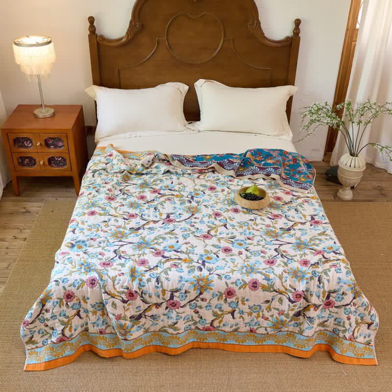 Boho Floral Vine Cotton Reversible Blanket Quilt - image 1