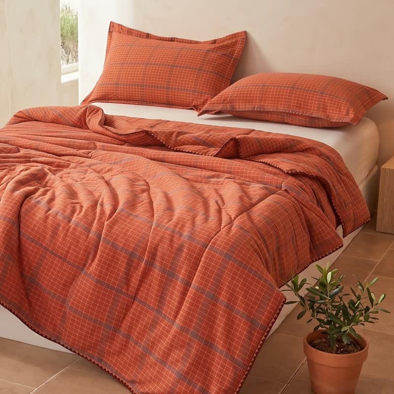 Yarn Dyed Orange Plaid Cotton Summer Quilt - Orange - Quilts - King - image 0