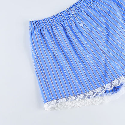 Blue Stripe Lace Cotton Cami Shorts Loungewear Set - image 4