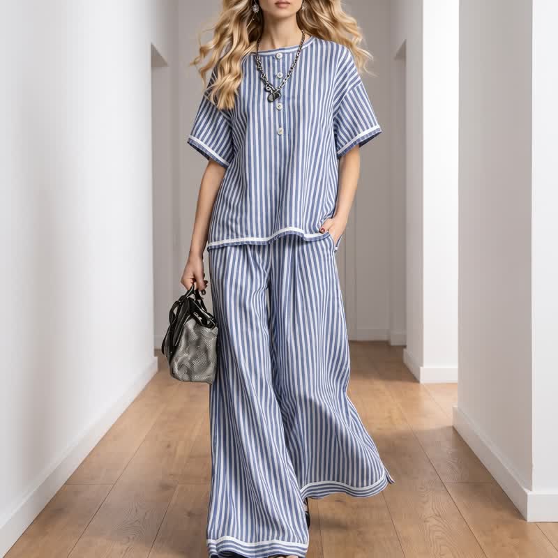 Coastal Stripe Relaxed Two Piece Loungewear Set - Blue - XXL - image 0