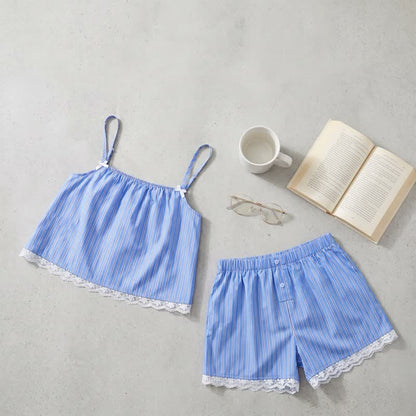 Blue Stripe Lace Cotton Cami Shorts Loungewear Set - image 1