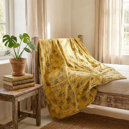 Mustard Ginkgo Quilted Cotton Throw Blanket - image 4