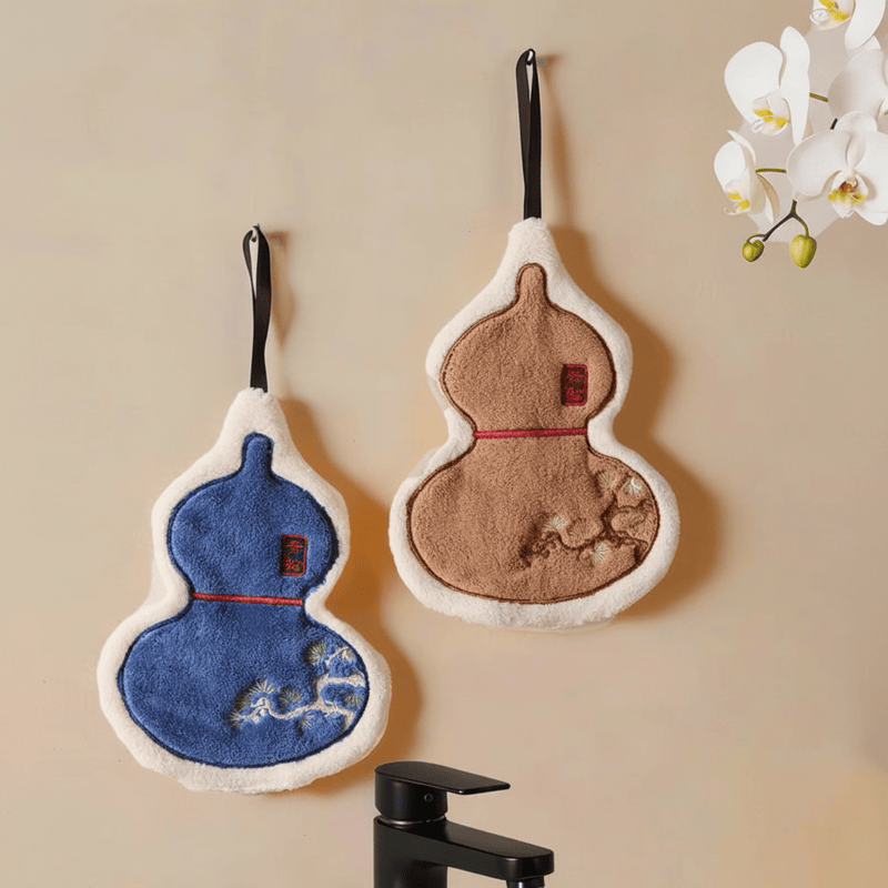 Chinese Gourd Coral Fleece Hand Towel - 7'' × 10'' - Blue+Camel - 1 Set - image 0