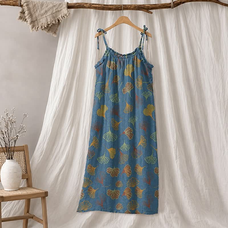 Ginkgo Leaf Tie Strap Lounge Midi Dress - Blue & Orange - XL - image 0