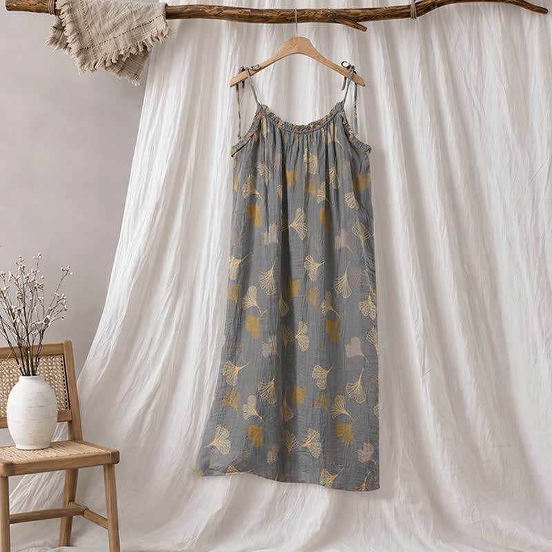 Ginkgo Leaf Tie Strap Lounge Midi Dress - Dark Grey & Yellow - XL - image 15