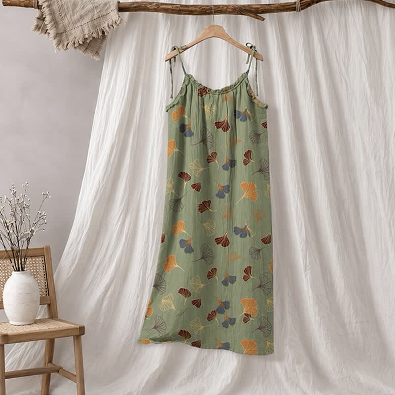 Ginkgo Leaf Tie Strap Lounge Midi Dress - Green & Camel - XL - image 40