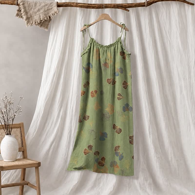 Ginkgo Leaf Tie Strap Lounge Midi Dress - Green & Red - XL - image 35