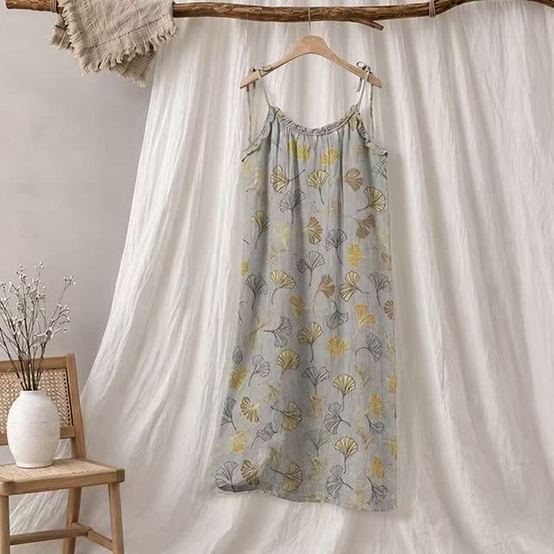 Ginkgo Leaf Tie Strap Lounge Midi Dress - Light Grey & Dark Yellow - XL - image 25