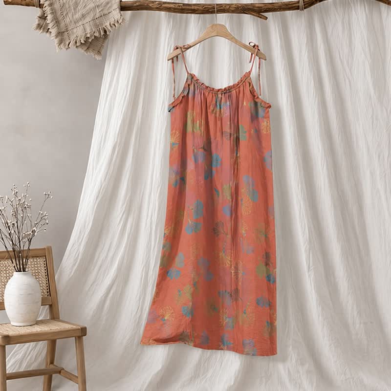 Ginkgo Leaf Tie Strap Lounge Midi Dress - Red & Green - XL - image 30
