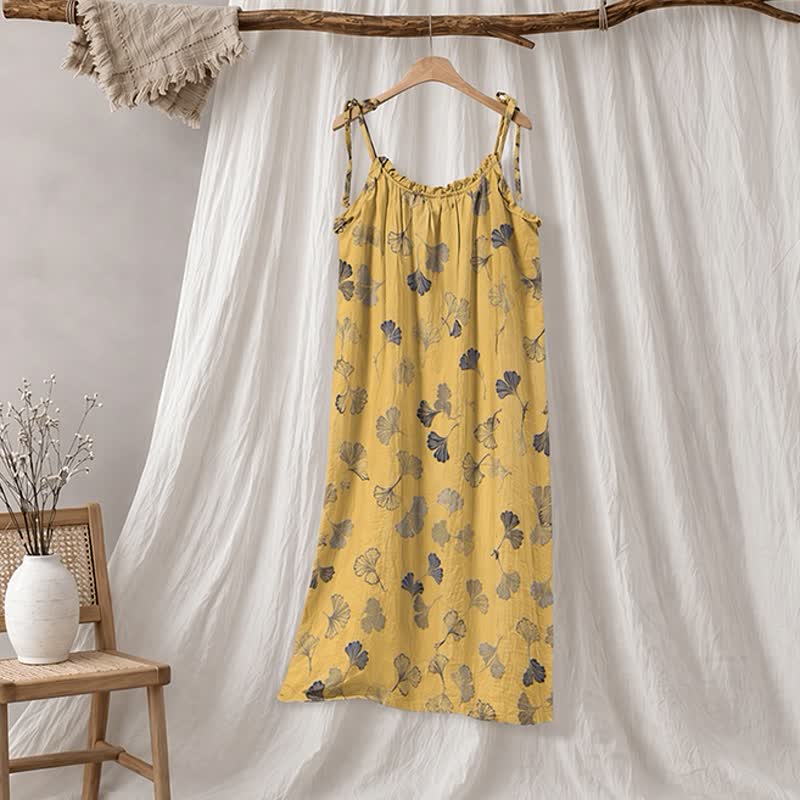 Ginkgo Leaf Tie Strap Lounge Midi Dress - Yellow & Dark Grey - XL - image 10