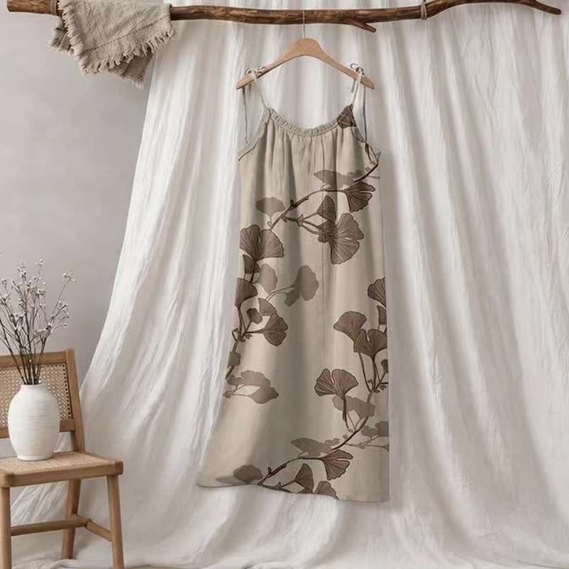 Ginkgo Leaf Tie Strap Maxi Lounge Dress - Beige & Coffee - XL - image 20