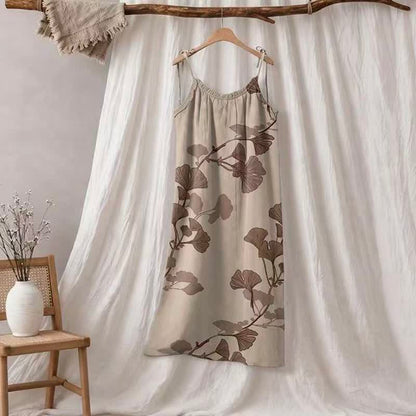 Ginkgo Leaf Tie Strap Maxi Lounge Dress - Beige & Coffee - XL - image 20