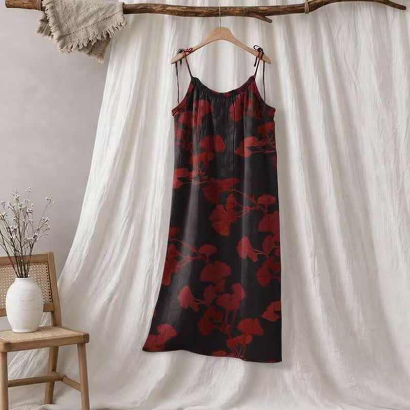 Ginkgo Leaf Tie Strap Maxi Lounge Dress - Black & Red - XL - image 30