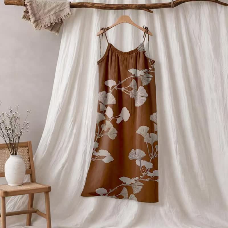 Ginkgo Leaf Tie Strap Maxi Lounge Dress - Coffee & Beige - XL - image 25