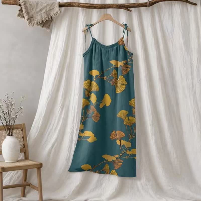 Ginkgo Leaf Tie Strap Maxi Lounge Dress - Green & Orange - XL - image 5