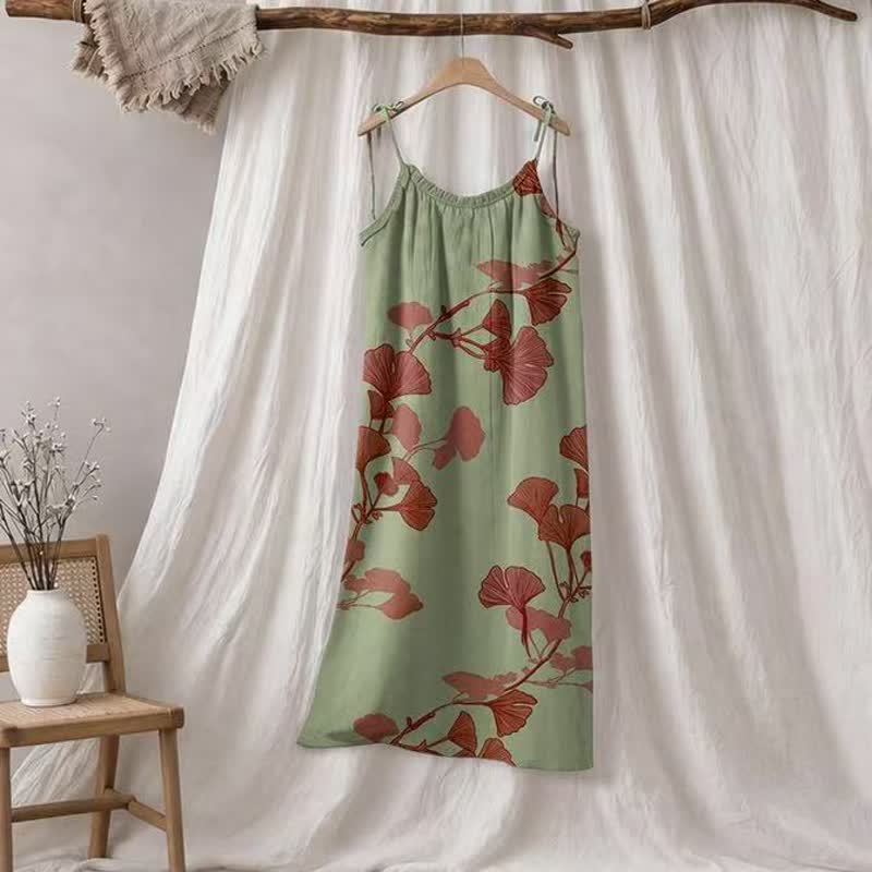 Ginkgo Leaf Tie Strap Maxi Lounge Dress - Green & Red - XL - image 5