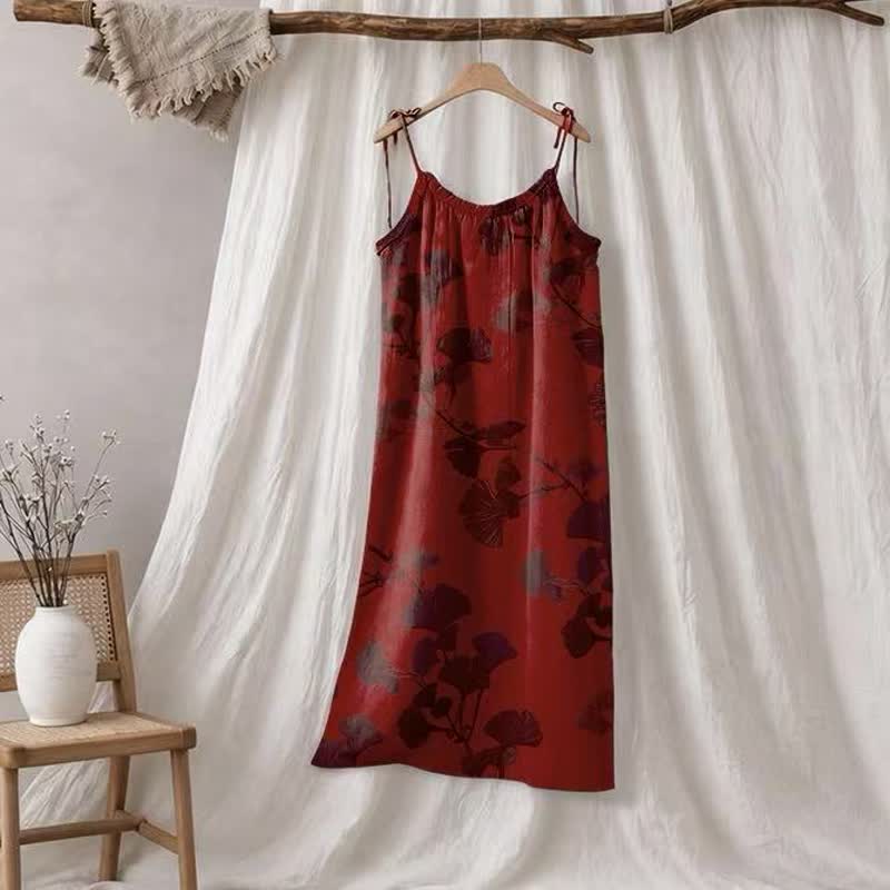 Ginkgo Leaf Tie Strap Maxi Lounge Dress - Red & Black - XL - image 35