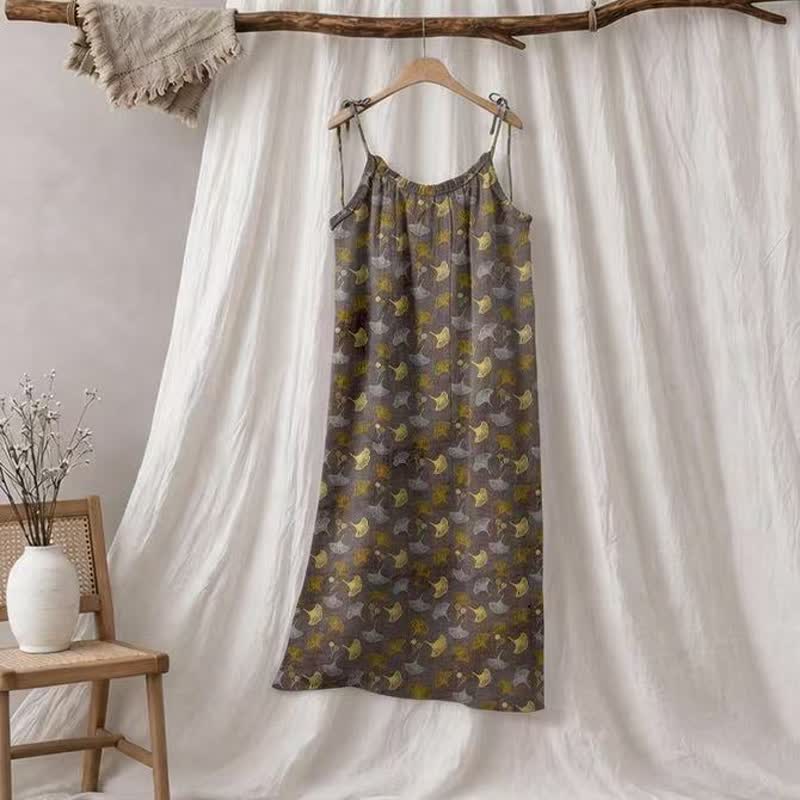 Ginkgo Floral Tie Strap Lounge Dress - Brown & Yellow - XL - image 5