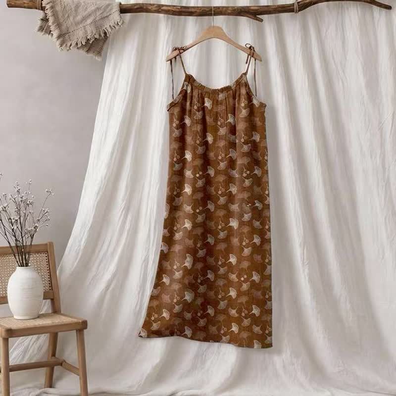 Ginkgo Floral Tie Strap Lounge Dress - Coffee & Beige - XL - image 25