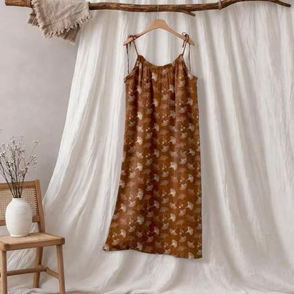 Ginkgo Floral Tie Strap Lounge Dress - Coffee & Beige - XL - image 25