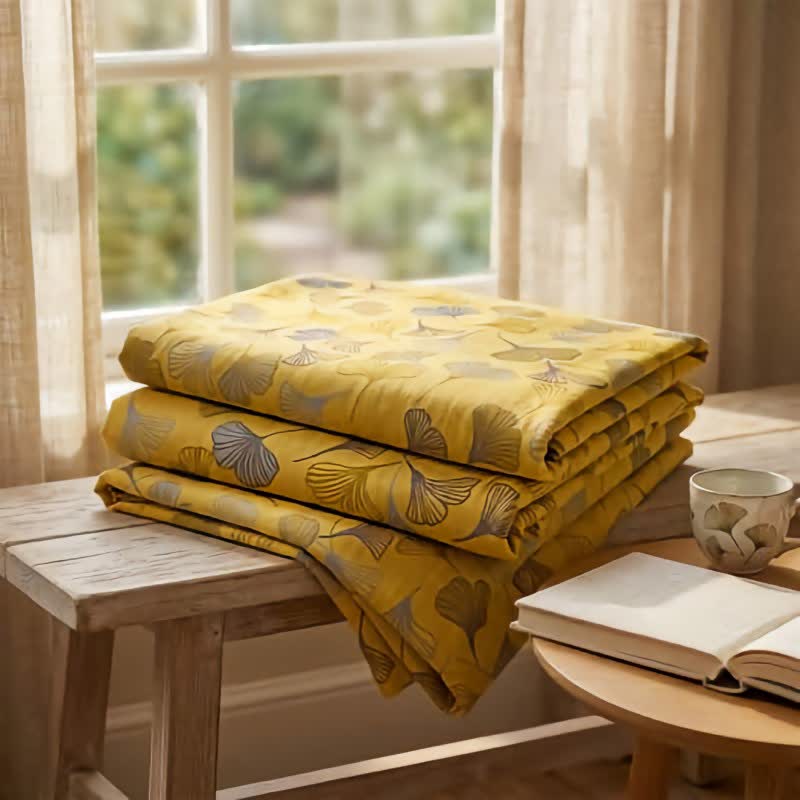 Mustard Ginkgo Quilted Cotton Throw Blanket - image 1
