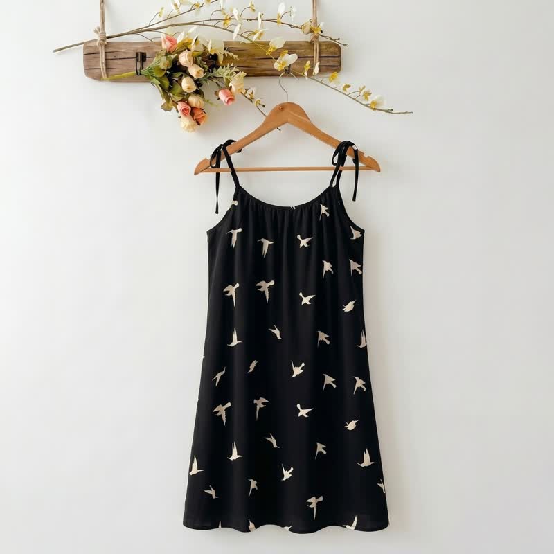 Bird Print Cotton Tie Strap Lounge Dress - Black - XXL - image 0