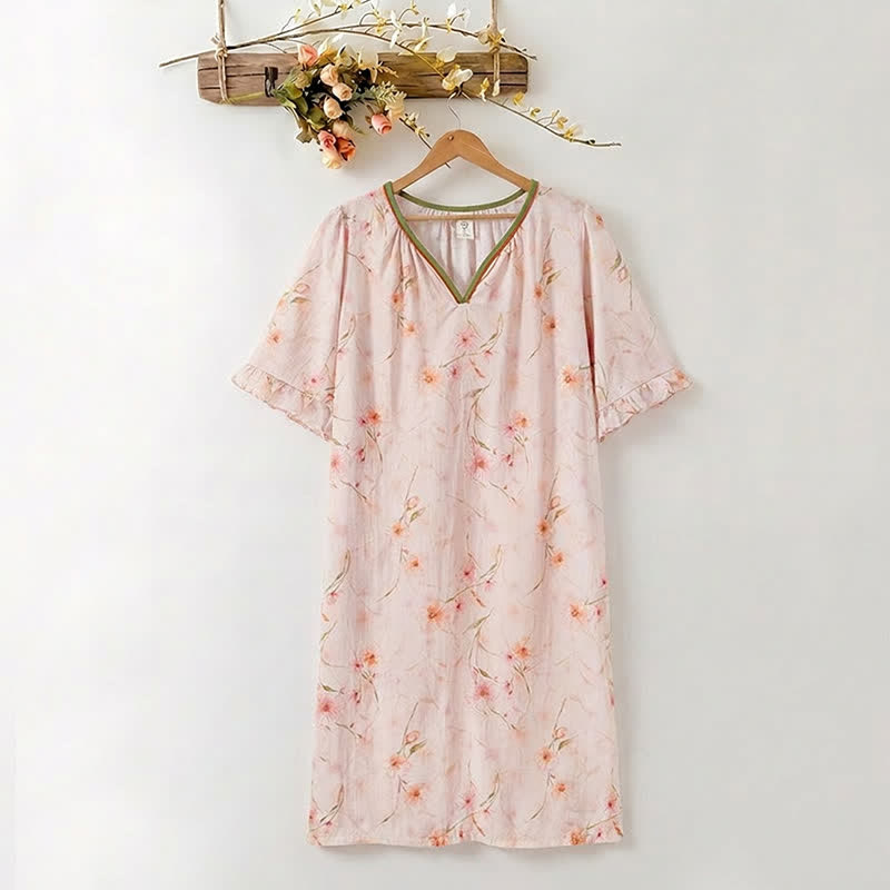 Floral Lyocell V Neck Ruffle Sleeve Lounge Dress - LightPink - XXXL - image 0