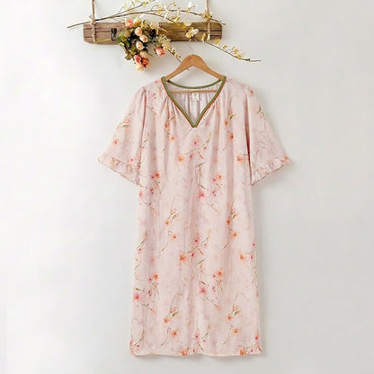 Floral Lyocell V Neck Ruffle Sleeve Lounge Dress - LightPink - XXXL - image 0