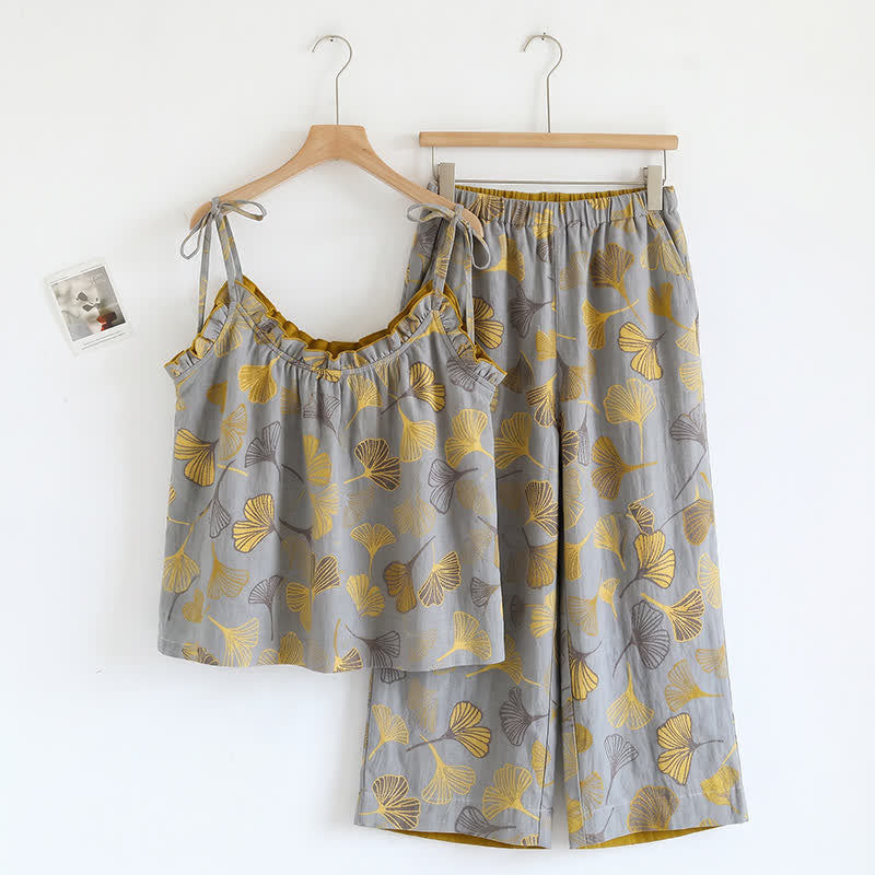 Ginkgo Leaf Print Tie-Shoulder Loungewear Set - Light Grey & Dark Yellow - XL - image 3