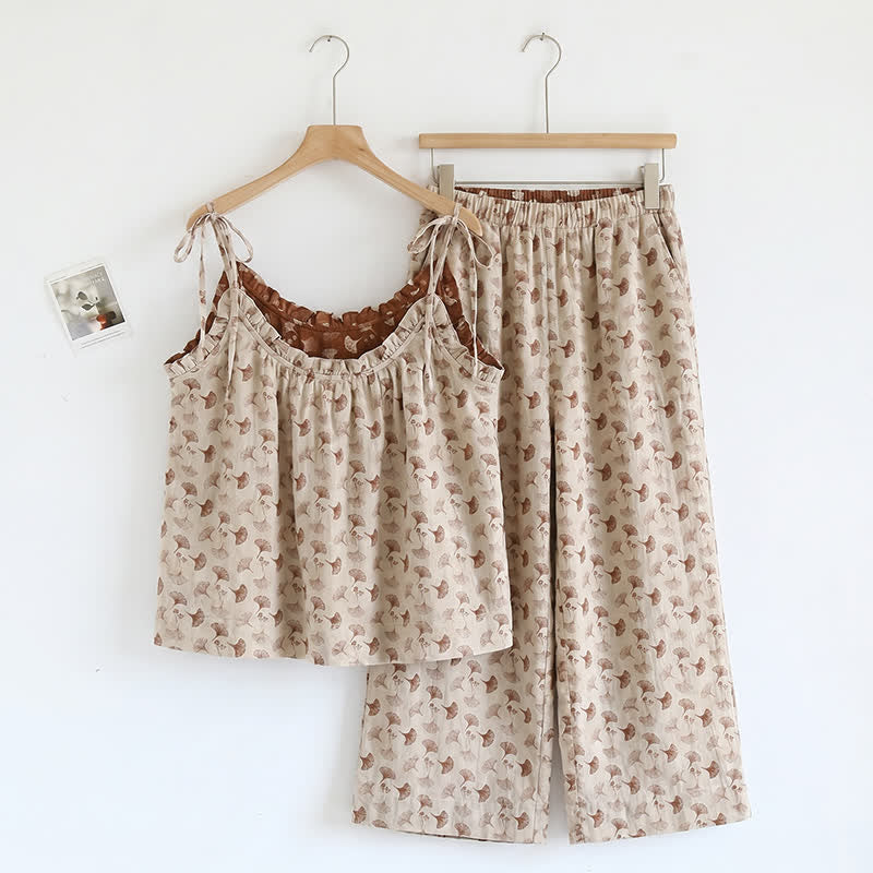 Romantic Floral Cami & Pants Lounge Set - Beige & Coffee - XL - image 3