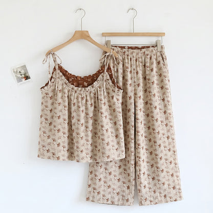 Romantic Floral Cami & Pants Lounge Set - Beige & Coffee - XL - image 3
