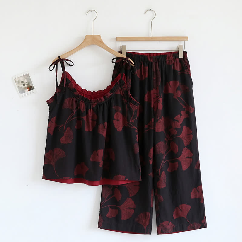 Botanical Leaf Cami & Pants Loungewear Set - Black & Red - XL - image 3