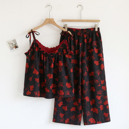 Ginkgo Leaf Print Tie-Shoulder Loungewear Set - Black & Red - XL - image 6