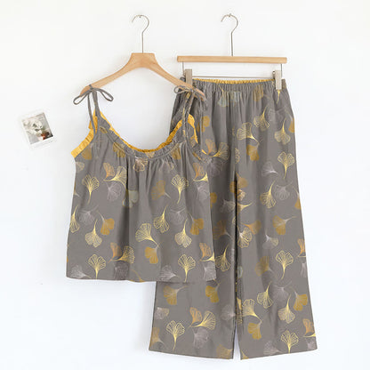 Ginkgo Leaf Print Tie-Shoulder Loungewear Set - Dark Grey & Yellow - XL - image 9