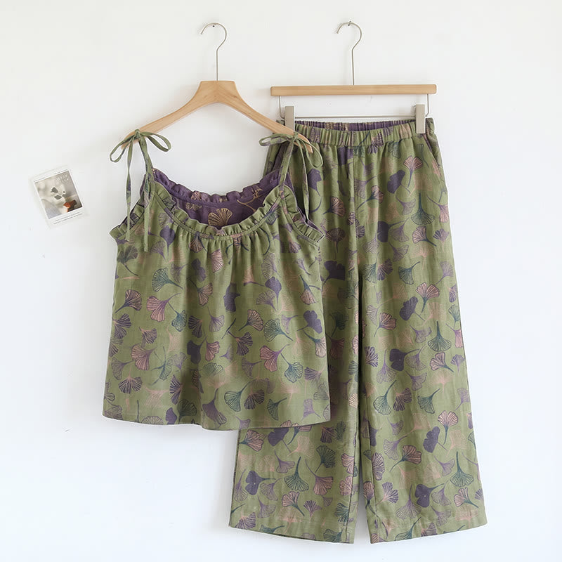 Ginkgo Leaf Print Tie-Shoulder Loungewear Set - Green & Purple - XL - image 12