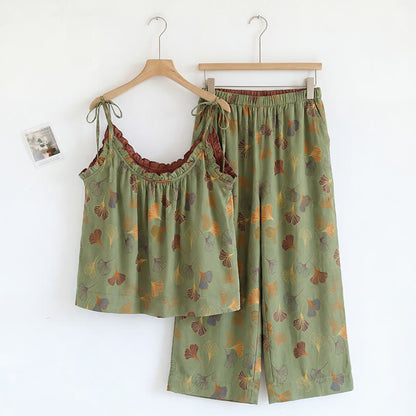 Ginkgo Leaf Print Tie-Shoulder Loungewear Set - Green & Wine - XL - image 18