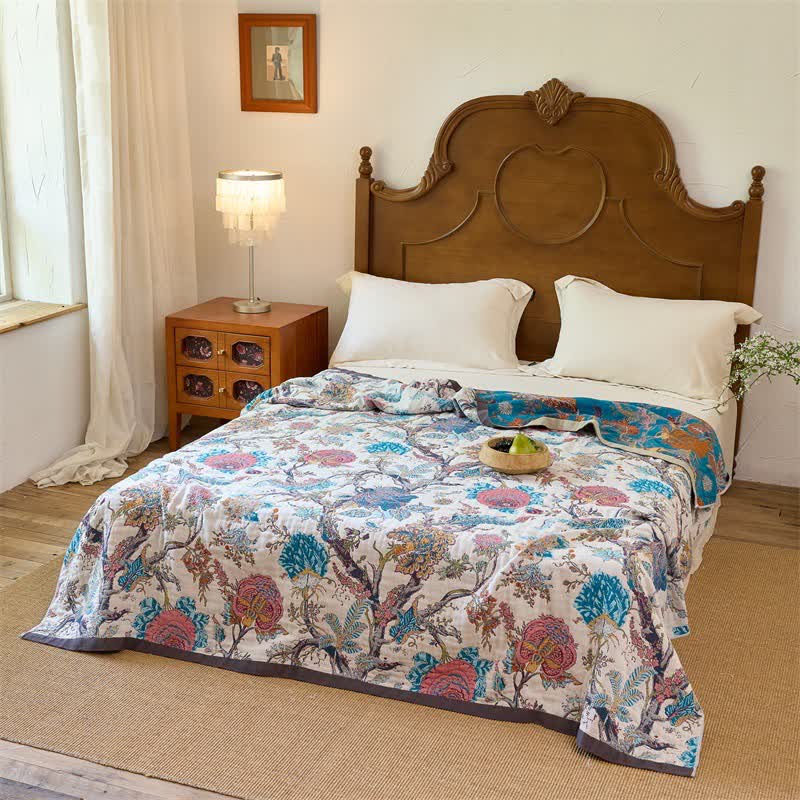 Vintage Botanical Cotton Muslin Reverisible Quilt - image 1
