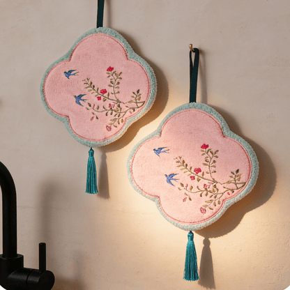 Bird & Floral Coral Fleece Hand Towel - LightPink - 9'' × 9'' - 2 PCS - image 0