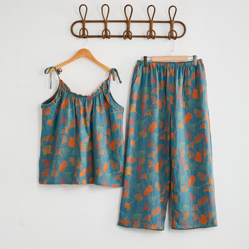 Ginkgo Cami Top & Pants Pajama Set Blue Ginkgo Garden - Blue & Orange - XL - image 2