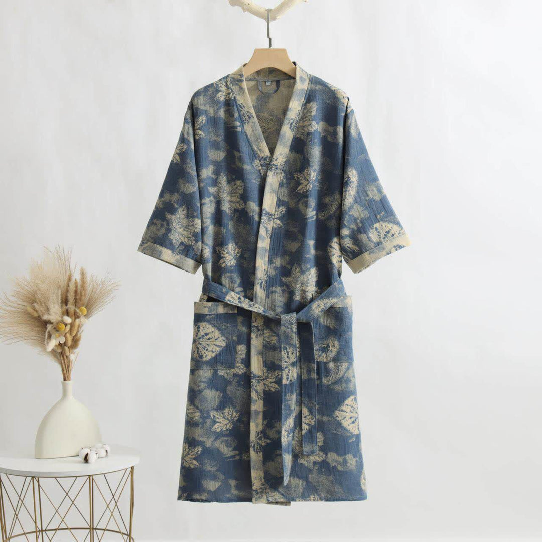 Maple Leaf Cotton Gauze Kimono Bathrobe - Blue - XL - image 0