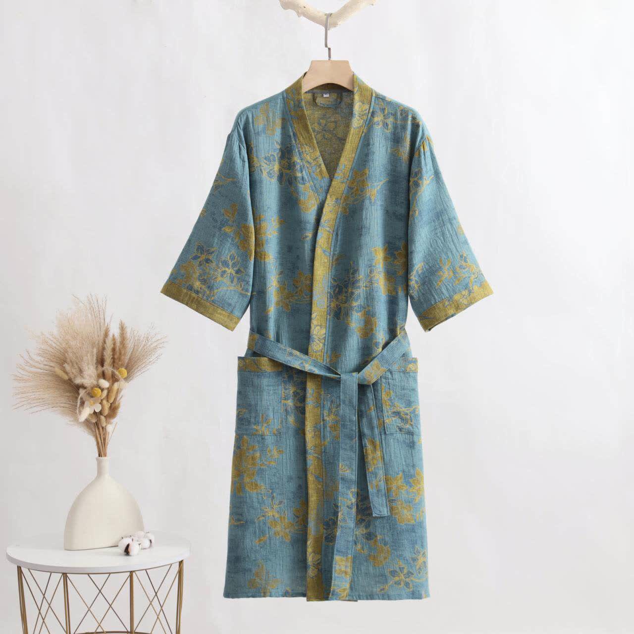 Blue Floral Cotton Gauze Kimono Bathrobe - Blue Green - XL - image 0