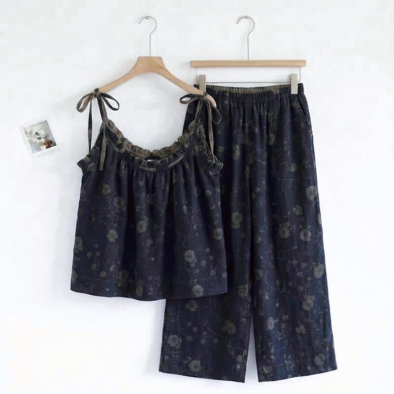 Vintage Floral Cami & Pants Pajama Set - Navy Blue & Gray - XL - image 0