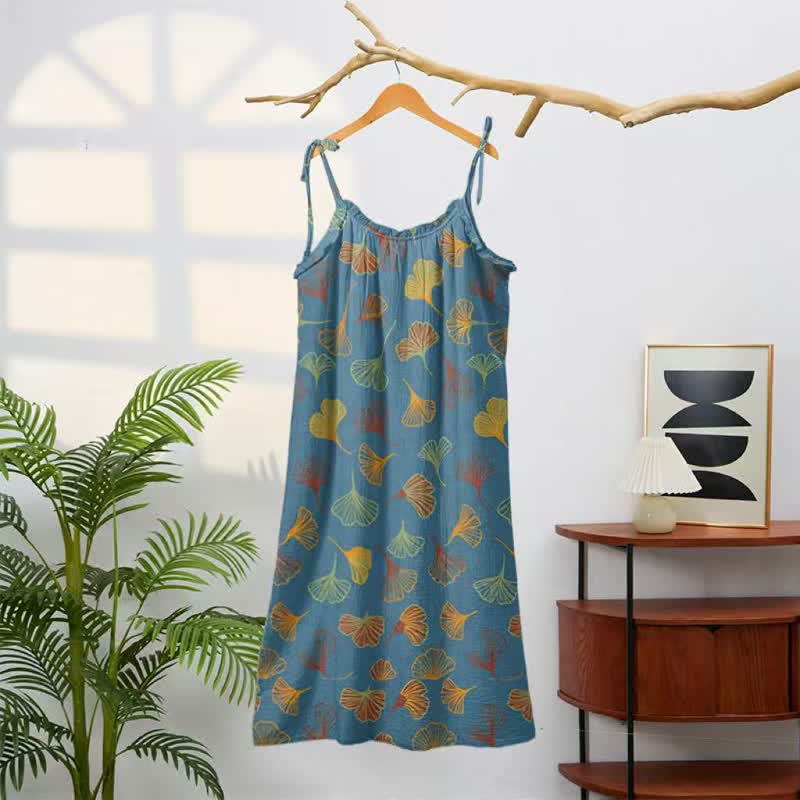 Ginkgo Leaf Tie Strap Lounge Midi Dress - image 1