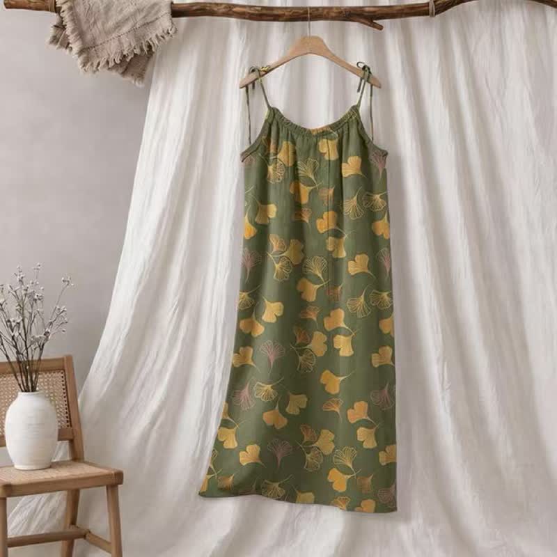 Ginkgo Leaf Tie Strap Lounge Midi Dress - Green & Yellow - XL - image 45
