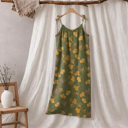 Ginkgo Leaf Tie Strap Lounge Midi Dress - Green & Yellow - XL - image 45