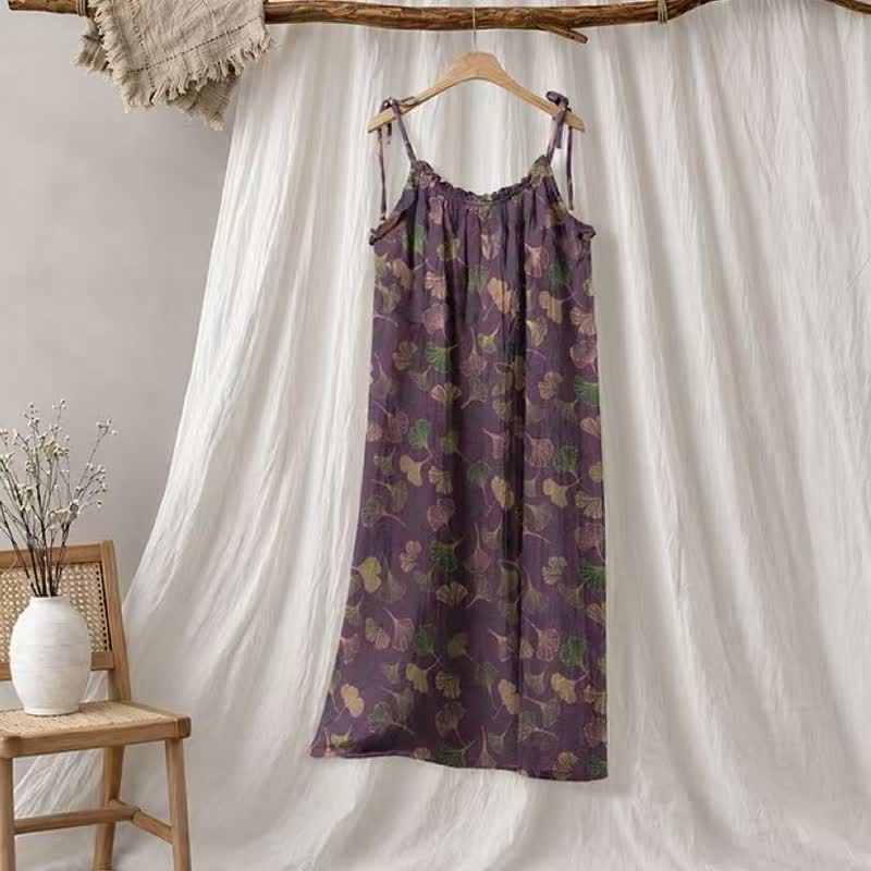 Ginkgo Leaf Tie Strap Lounge Midi Dress - Purple & Green - XL - image 55