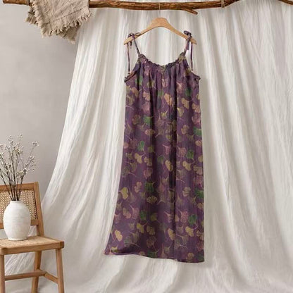 Ginkgo Leaf Tie Strap Lounge Midi Dress - Purple & Green - XL - image 55