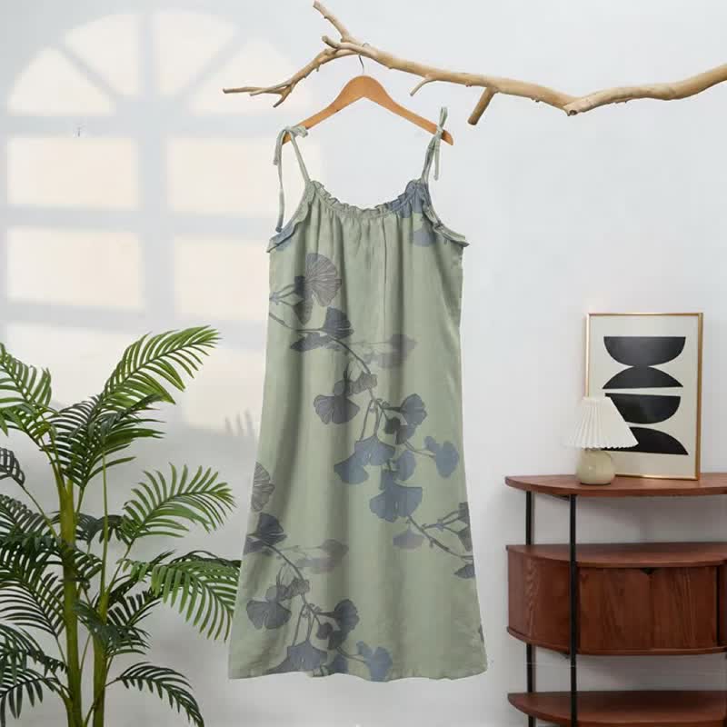 Ginkgo Leaf Tie Strap Cotton Lounge Midi Dress - image 6